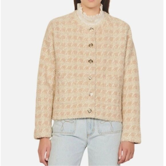 Sandro Maria Houndstooth Cardigan Gold Metallic Beige - Picture 3 of 9